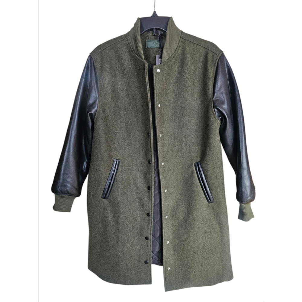 BLANKNYC Role Play Bomber Coat Olive Green Black Vegan Leather Sleeve Small NWT